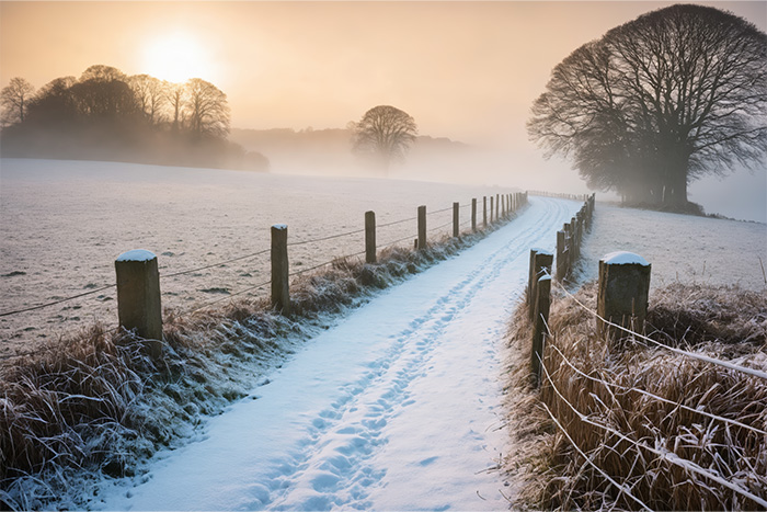 A snow-covered path winds through a frosty field at sunrise, bordered by wooden posts and wire fencing, with bare trees silhouetted against a misty sky. Nature and landscape print available in A1 to A4 sizes.