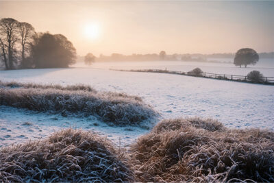 A frosty winter landscape with snow-covered fields, frosted grass, distant trees, and the sun rising in a misty sky. Nature and landscape print available in A1 to A4 sizes.
