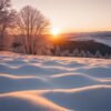 product-image-3-2 Snow-covered landscape with soft, undulating drifts and leafless trees, bathed in warm sunrise light with a distant forest and hills in the background. Nature and landscape print available in A1 to A4 sizes.