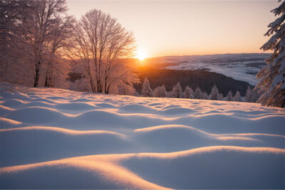 Snow-covered landscape with soft, undulating drifts and leafless trees, bathed in warm sunrise light with a distant forest and hills in the background. Nature and landscape print available in A1 to A4 sizes.