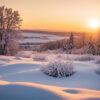 Snow-covered landscape with trees and bushes at sunset, with a river and hills visible in the background under a clear sky. Nature and landscape print available in A1 to A4 sizes.
