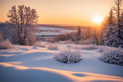 Snow-covered landscape with trees and bushes at sunset, with a river and hills visible in the background under a clear sky. Nature and landscape print available in A1 to A4 sizes.