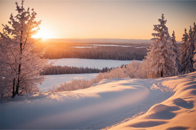 A snowy landscape with snow-covered trees and hills at sunset, with soft sunlight illuminating the scene and a frozen lake in the distance. Nature and landscape print available in A1 to A4 sizes.