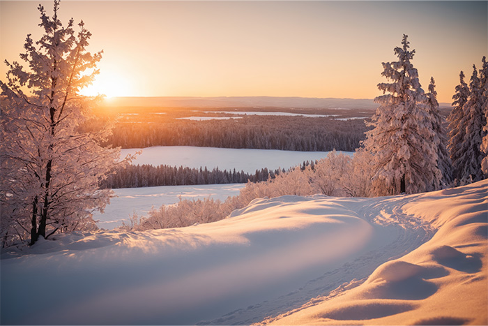 product-image-3-2 A snowy landscape with snow-covered trees and hills at sunset, with soft sunlight illuminating the scene and a frozen lake in the distance. Nature and landscape print available in A1 to A4 sizes.