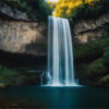 A waterfall cascades over a cliff into a clear pool surrounded by green moss and foliage, with sunlight illuminating the treetops above. Nature and landscape print available in A1 to A4 sizes.