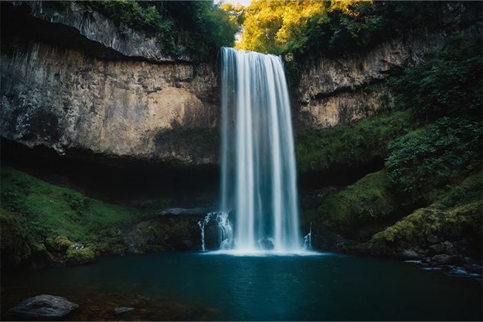 product-image-3-2 A waterfall cascades over a cliff into a clear pool surrounded by green moss and foliage, with sunlight illuminating the treetops above. Nature and landscape print available in A1 to A4 sizes.