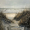 A wooden boardwalk leads through sand dunes with tall grass toward a cloudy beach and calm ocean waves. Nature and landscape print available in A1 to A4 sizes.
