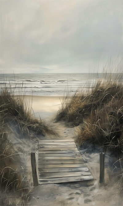 A wooden boardwalk leads through sand dunes with tall grass toward a cloudy beach and calm ocean waves. Nature and landscape print available in A1 to A4 sizes.