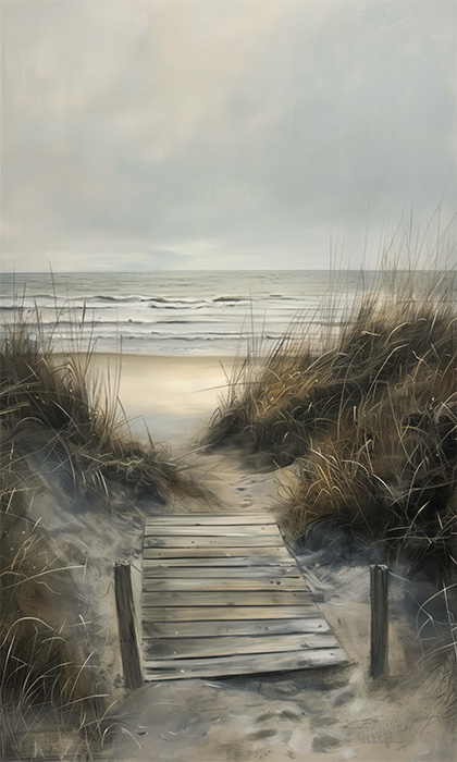product-image-4-7 A wooden boardwalk leads through sand dunes with tall grass toward a cloudy beach and calm ocean waves. Nature and landscape print available in A1 to A4 sizes.