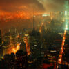 Aerial view of a city skyline at night with illuminated buildings, dense fog, and glowing lights, under a cloudy, orange-tinted sky. Wall art print available in A1 to A4 sizes.