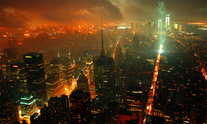 product-image-7-4 Aerial view of a city skyline at night with illuminated buildings, dense fog, and glowing lights, under a cloudy, orange-tinted sky. Wall art print available in A1 to A4 sizes.