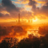 A view of Paris at sunrise with the Eiffel Tower, river, historic buildings, and city skyline illuminated by warm sunlight through dramatic clouds. Wall art print available in A1 to A4 sizes.