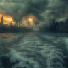 A city skyline under dramatic storm clouds seen from the water, with choppy waves in the foreground and a sunset glow in the sky. Wall art print available in A1 to A4 sizes.