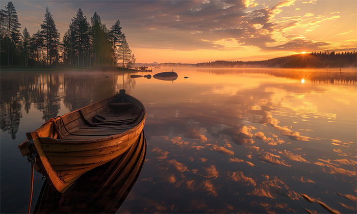 product-image-7-4 A wooden boat floats on a calm lake at sunset, with trees lining the shore and golden clouds reflected in the peaceful water. Nature and landscape print available in A1 to A4 sizes.