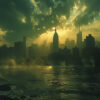 A city skyline is silhouetted against a dramatic, cloud-filled sky at sunset, with sunlight streaming through clouds and mist rising from a river in the foreground. Wall art print available in A1 to A4 sizes.