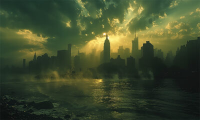 A city skyline is silhouetted against a dramatic, cloud-filled sky at sunset, with sunlight streaming through clouds and mist rising from a river in the foreground. Wall art print available in A1 to A4 sizes.