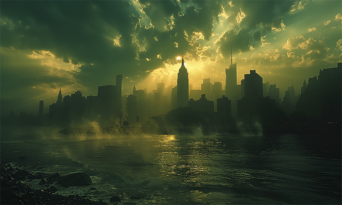 product-image-7-4 A city skyline is silhouetted against a dramatic, cloud-filled sky at sunset, with sunlight streaming through clouds and mist rising from a river in the foreground. Wall art print available in A1 to A4 sizes.