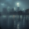 A foggy city skyline at night with illuminated skyscrapers reflecting on a calm river; leafless trees and a walkway line the waters edge. Wall art print available in A1 to A4 sizes.