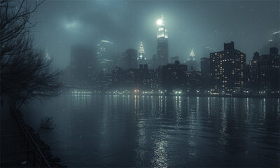A foggy city skyline at night with illuminated skyscrapers reflecting on a calm river; leafless trees and a walkway line the waters edge. Wall art print available in A1 to A4 sizes.