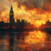 The silhouette of Big Ben and the Houses of Parliament in London is reflected in the Thames River at sunset under a dramatic, fiery sky. Wall art print available in A1 to A4 sizes.