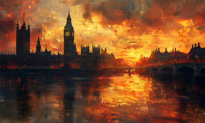 The silhouette of Big Ben and the Houses of Parliament in London is reflected in the Thames River at sunset under a dramatic, fiery sky. Wall art print available in A1 to A4 sizes.