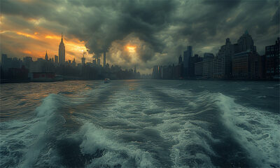 A city skyline under dramatic storm clouds seen from the water, with choppy waves in the foreground and a sunset glow in the sky. Wall art print available in A1 to A4 sizes.