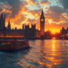 A red boat travels on the River Thames at sunset, with the Palace of Westminster and Big Ben silhouetted against a colourful sky. Wall art print available in A1 to A4 sizes.