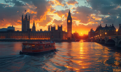 A red boat travels on the River Thames at sunset, with the Palace of Westminster and Big Ben silhouetted against a colourful sky. Wall art print available in A1 to A4 sizes.