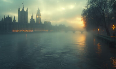 A foggy view of the River Thames with the Houses of Parliament and Big Ben at sunrise in London. Wall art print available in A1 to A4 sizes.