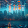 A city skyline partially submerged underwater, with tall buildings and lights reflecting on the surface and water in the foreground. Surreal cityscape poster available in A1 to A4 sizes.