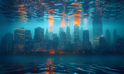 A city skyline partially submerged underwater, with tall buildings and lights reflecting on the surface and water in the foreground. Surreal cityscape poster available in A1 to A4 sizes.