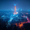 A nighttime cityscape of Paris with the Eiffel Tower illuminated in the centre, surrounded by city lights and buildings under a blue-tinted sky. Wall art print available in A1 to A4 sizes.