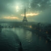 A foggy view of the Eiffel Tower at dawn, with the Seine River and bridges in the foreground and city lights glowing along the riverbanks. Wall art print available in A1 to A4 sizes.
