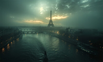 A foggy view of the Eiffel Tower at dawn, with the Seine River and bridges in the foreground and city lights glowing along the riverbanks. Wall art print available in A1 to A4 sizes.
