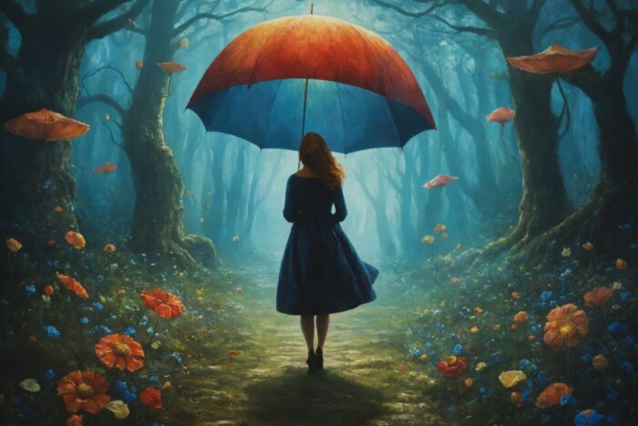 product-image Fantasy art poster print. A woman with a red and blue umbrella walks through a magical, flower-filled forest under a glowing sky. Available in A1 to A4 sizes.