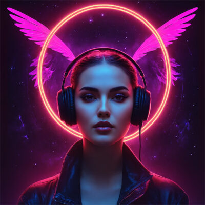Woman wearing headphones and a leather jacket stands against a glowing neon circle with pink wings, set in a cosmic background. Fantasy art poster available in A1 to A4 sizes.