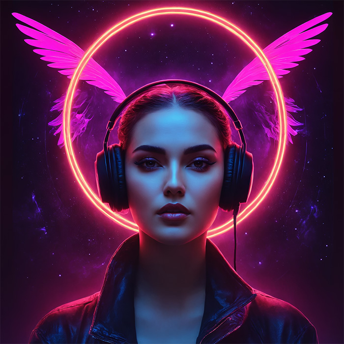 product-image-square Woman wearing headphones and a leather jacket stands against a glowing neon circle with pink wings, set in a cosmic background. Fantasy art poster available in A1 to A4 sizes.