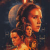 A dynamic Star Wars poster collage features Rey, Leia, Kylo Ren, and Han Solo alongside the Death Star, TIE fighters, and glowing lightsabers set against a fiery, space-themed background. Fantasy art poster available in A1 to A4 sizes.