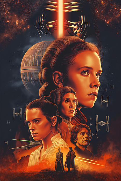 product-image-2-3 A dynamic Star Wars poster collage features Rey, Leia, Kylo Ren, and Han Solo alongside the Death Star, TIE fighters, and glowing lightsabers set against a fiery, space-themed background. Fantasy art poster available in A1 to A4 sizes.