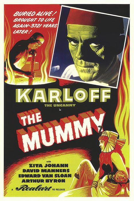 Vintage poster for The Mummy featuring a large image of a mummy’s face, flames, and Egyptian motifs, with bold text and cast names prominently displayed. Poster print available in A1 to A4 sizes.