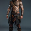 A portrait of a man with long hair and tribal tattoos stands in warrior attire, including a leather skirt, wristbands, and sandals, evoking Jason Momoa’s iconic style against a plain grey background. Wall art print available in A1 to A4 sizes.