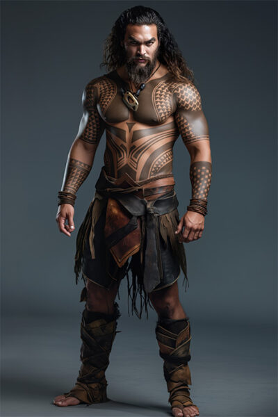 A portrait of a man with long hair and tribal tattoos stands in warrior attire, including a leather skirt, wristbands, and sandals, evoking Jason Momoa’s iconic style against a plain grey background. Wall art print available in A1 to A4 sizes.