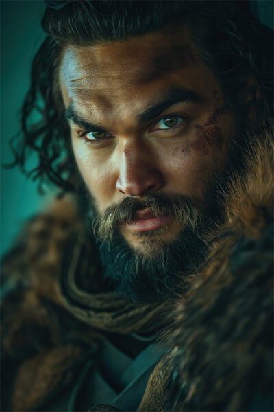 A bearded Jason Momoa from the movie Frontier, with long curly hair and intense eyes, wears a fur garment and has dirt and scars on his face, looking directly at the camera. Wall art print available in A1 to A4 sizes.