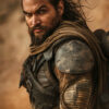 Jason Momoa as Duncan Idaho in Dune, with long hair and a beard, wears rugged, futuristic armour and a brown scarf, standing in a desert-like environment and looking intently at the camera. Wall art print available in A1 to A4 sizes.
