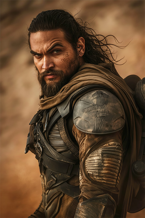 product-image-2-3 Jason Momoa as Duncan Idaho in Dune, with long hair and a beard, wears rugged, futuristic armour and a brown scarf, standing in a desert-like environment and looking intently at the camera. Wall art print available in A1 to A4 sizes.