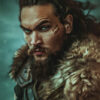 A portrait of Jason Momoa from the movie Frontier, with long hair, a thick beard, and piercing eyes, wearing a fur cloak and leather armour, with a decorative mark on his cheek, looking intensely at the camera. Wall art print available in A1 to A4 sizes.