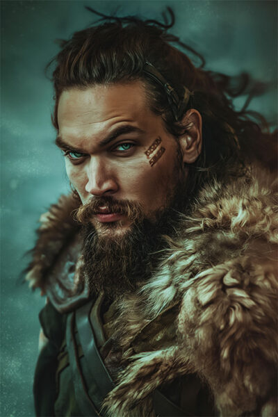 A portrait of Jason Momoa from the movie Frontier, with long hair, a thick beard, and piercing eyes, wearing a fur cloak and leather armour, with a decorative mark on his cheek, looking intensely at the camera. Wall art print available in A1 to A4 sizes.