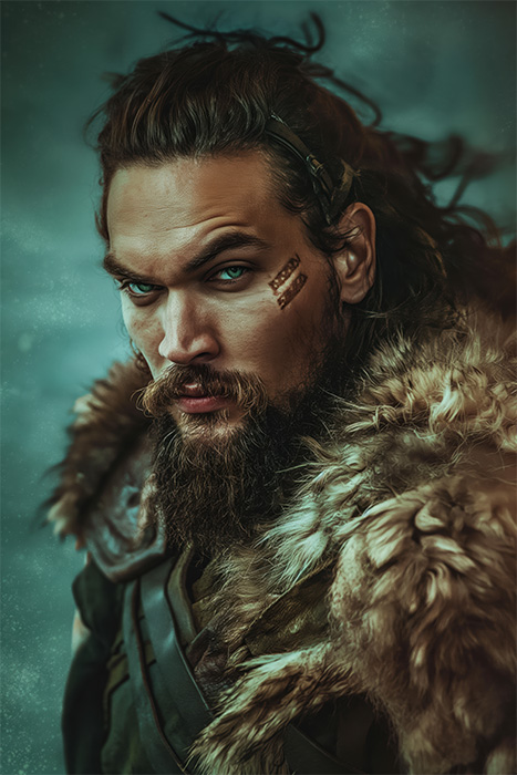 product-image-2-3 A portrait of Jason Momoa from the movie Frontier, with long hair, a thick beard, and piercing eyes, wearing a fur cloak and leather armour, with a decorative mark on his cheek, looking intensely at the camera. Wall art print available in A1 to A4 sizes.