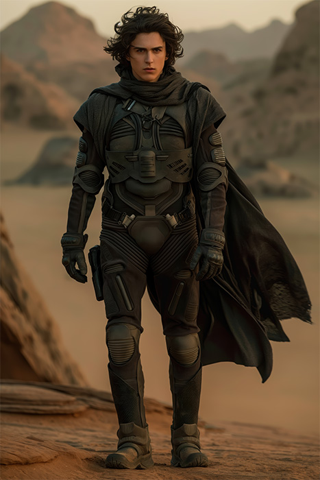 product-image-2-3 Paul Atreides from Dune in a futuristic black armoured suit and cape stands in a rocky desert landscape. Wall art print available in A1 to A4 sizes.