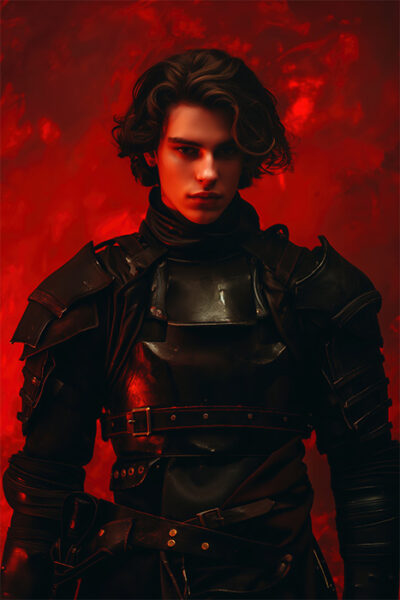 Paul Atreides from Dune, wearing black medieval armour, standing against a vivid red, smoky background. Wall art print available in A1 to A4 sizes.